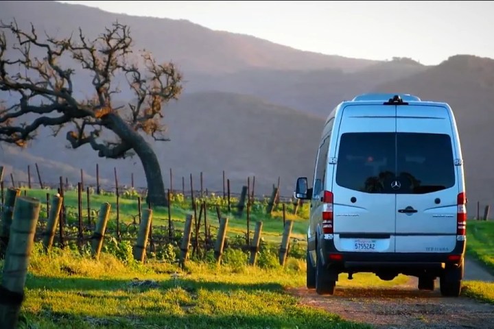 White van on a vineyard path with hills and a tree in the background.