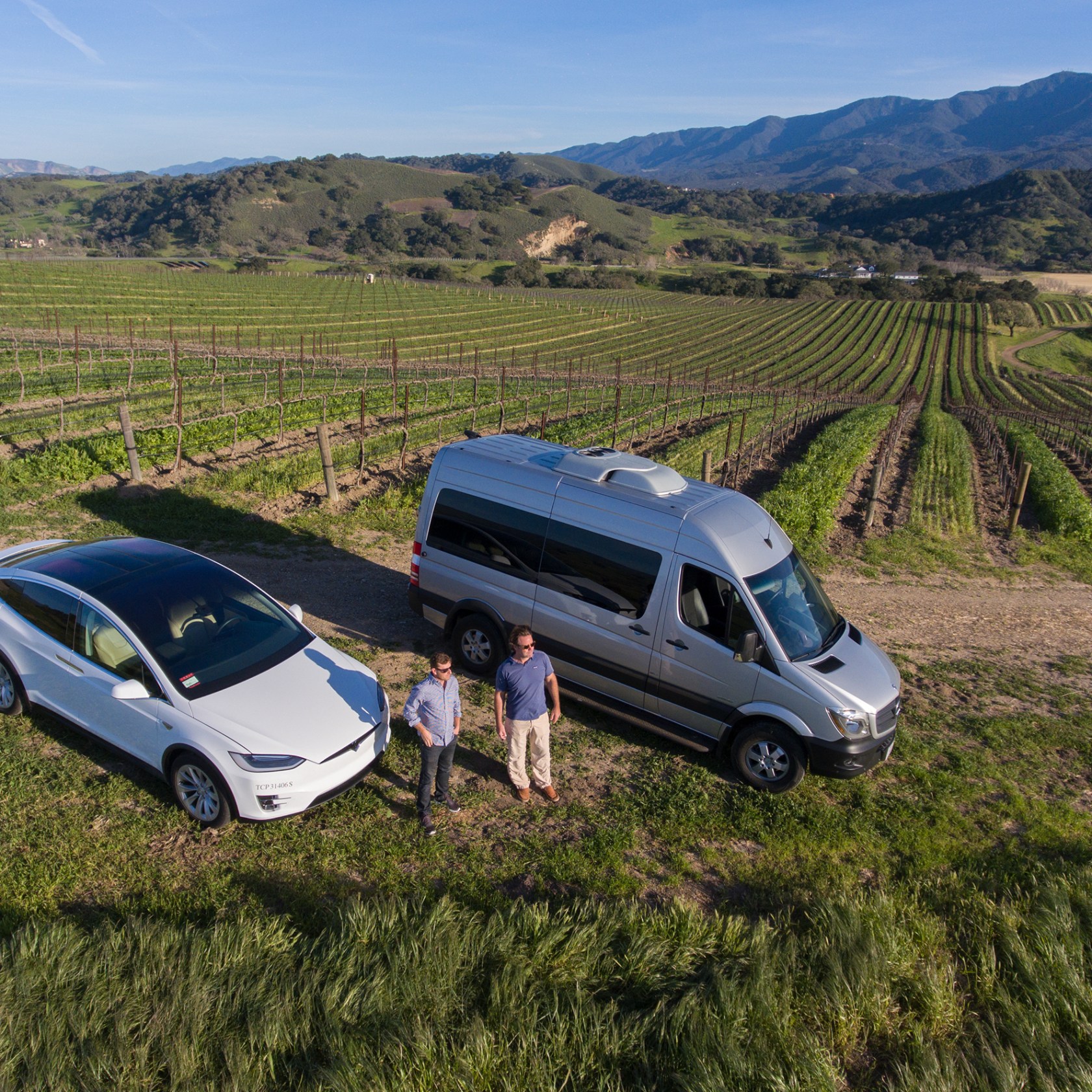 van & tesla at Santa Barbara vineyard