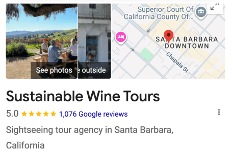 Sustainable Wine Tours ad with map, images, and 5-star reviews.