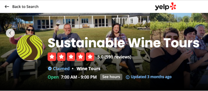 Yelp 5.0 Star Reviews Sustainable Wine Tours