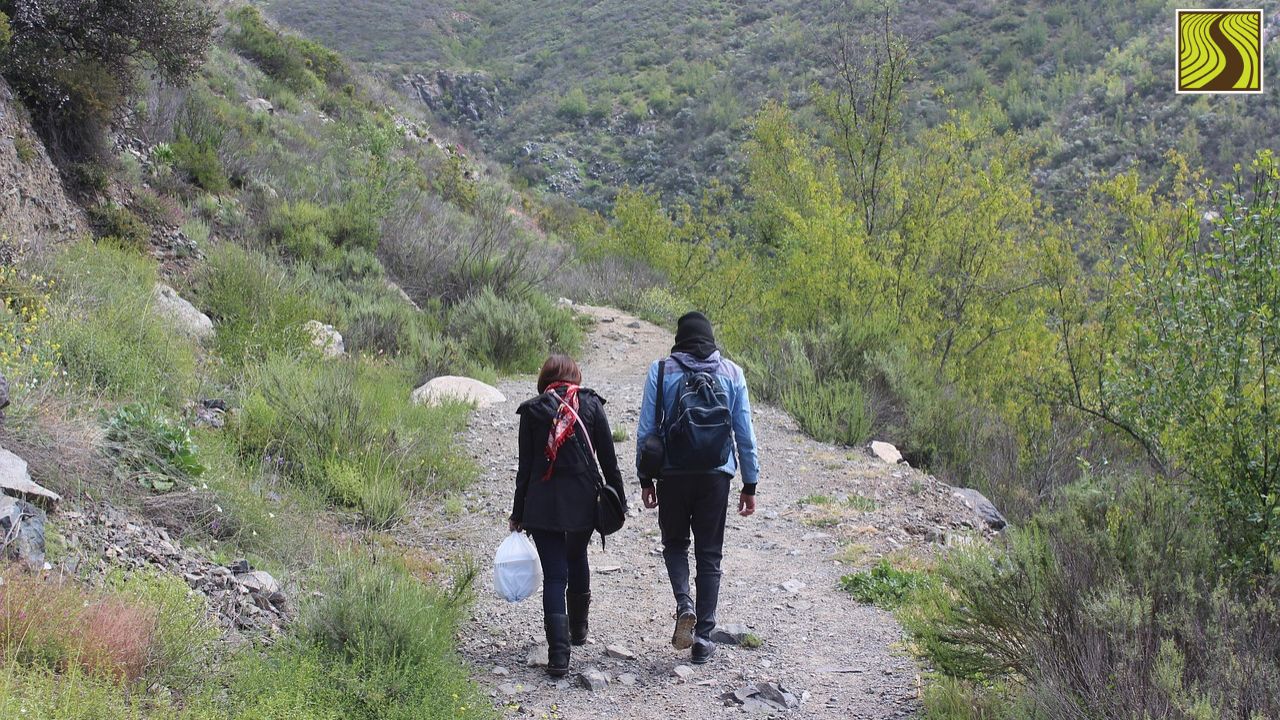 Two people hiking on a narrow path in a green mountainous area.