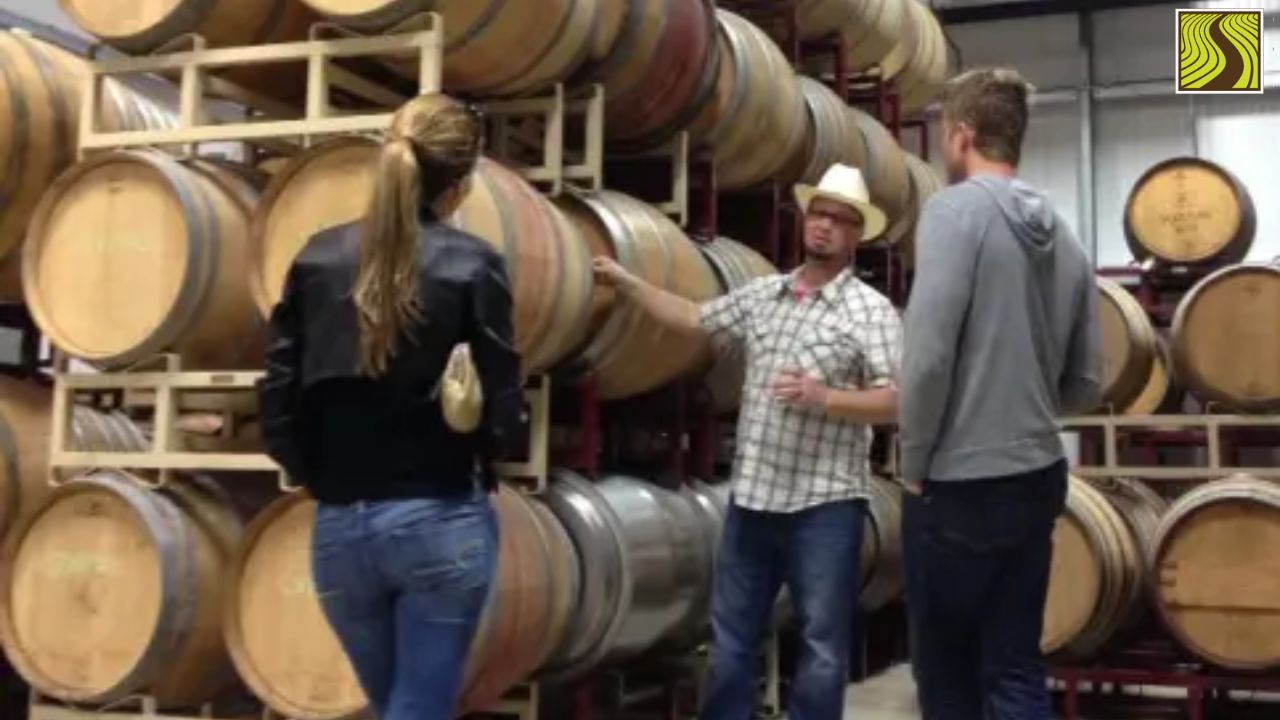 Three people in a winery, discussing beside rows of stacked wooden barrels.