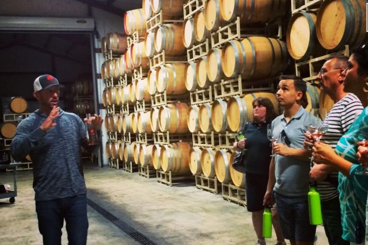 Person giving a tour to a group in a wine barrel storage room.