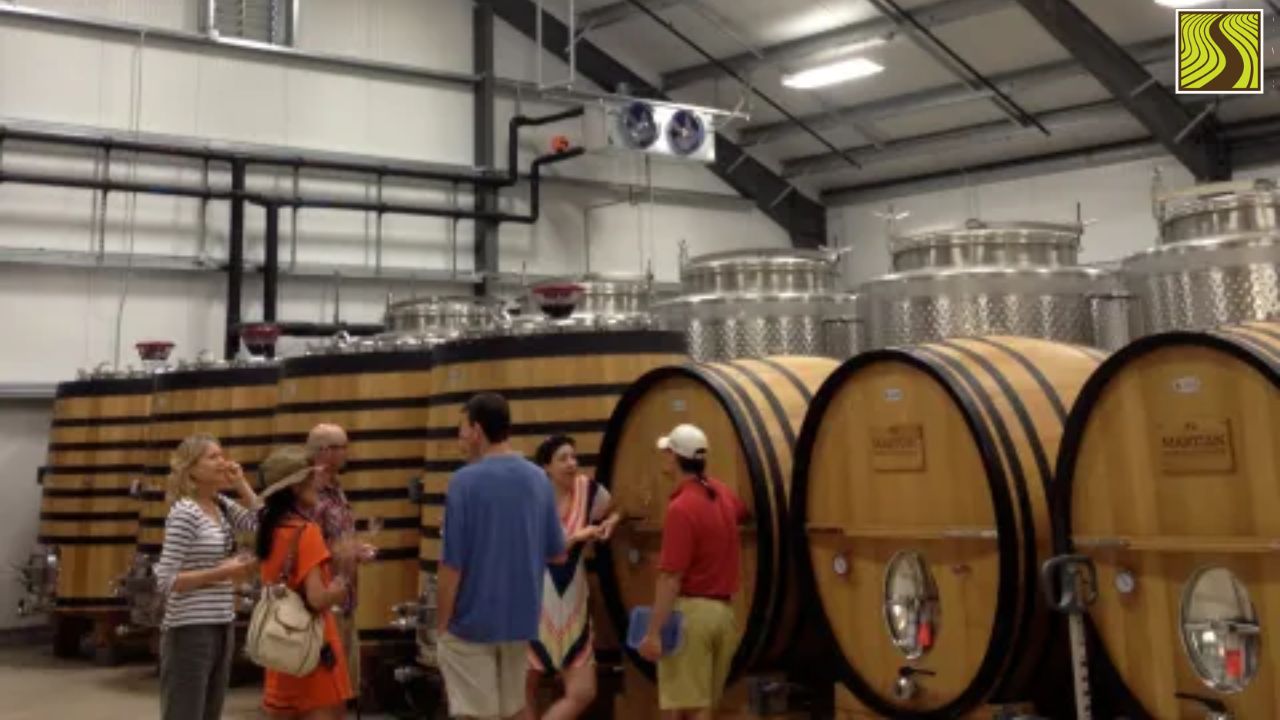 santa-ynez-valley-wineries-list People touring a winery, standing near large wooden and metal fermentation tanks.
