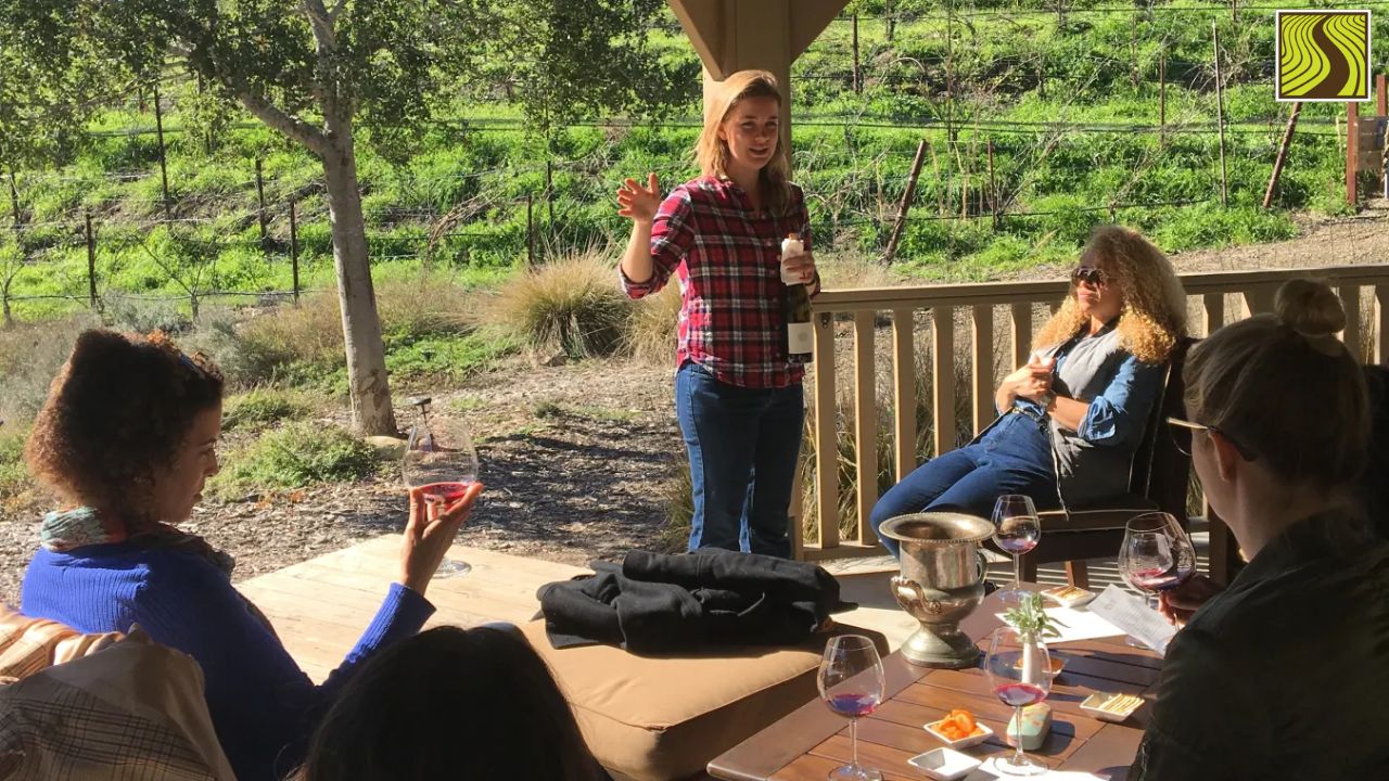 Woman in plaid shirt speaking to group on porch with wine glasses and scenic background.