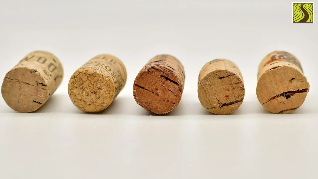 what-kind-of-wine-is-santa-barbara-known-for Five wine corks lined up on a white surface with a logo in the top right corner.