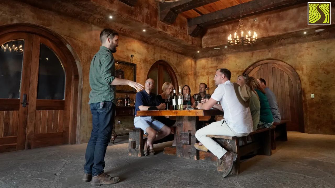 wineries-in-southern-california People seated at a rustic table in a wine tasting room with arched wooden doors.