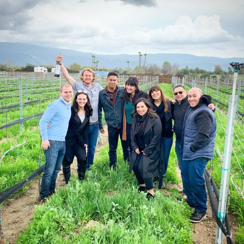 Group of people posing in a vineyard, one holding a wine bottle, cloudy sky above.