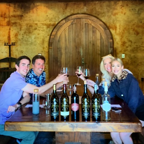 Four people toasting with wine glasses at a table with wine bottles.
