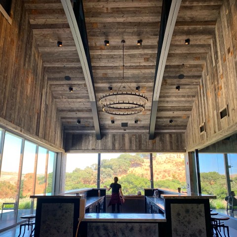 Rustic interior with high wooden ceiling, large windows, bar, and distant hill view.