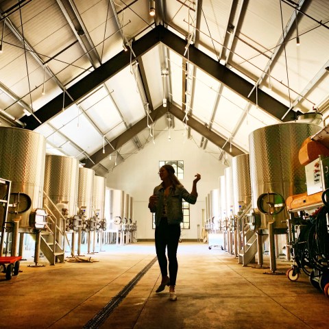 Person standing in a winery with large metal fermentation tanks under a high ceiling.