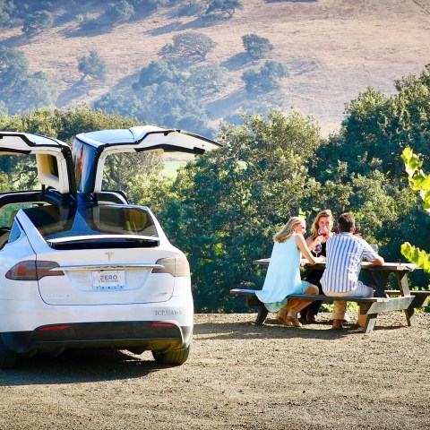 White car with open doors parked near people at a picnic table in a scenic outdoor area.