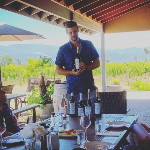 Man presenting wine bottles to seated group in vineyard setting.