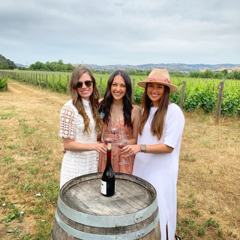 Three women holding wine glasses by a barrel in a vineyard with cloudy sky.