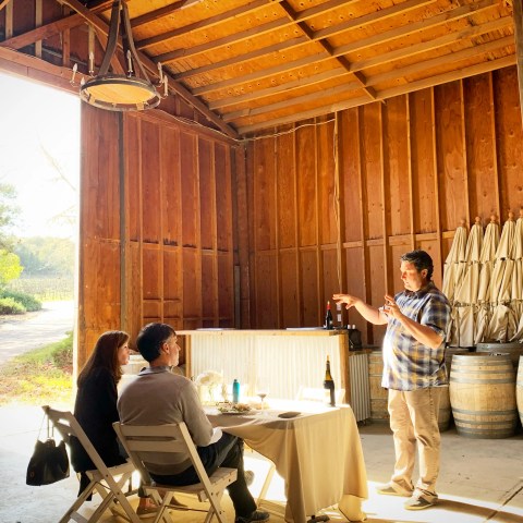A person gives a wine tasting presentation to two seated people in a wooden barn.