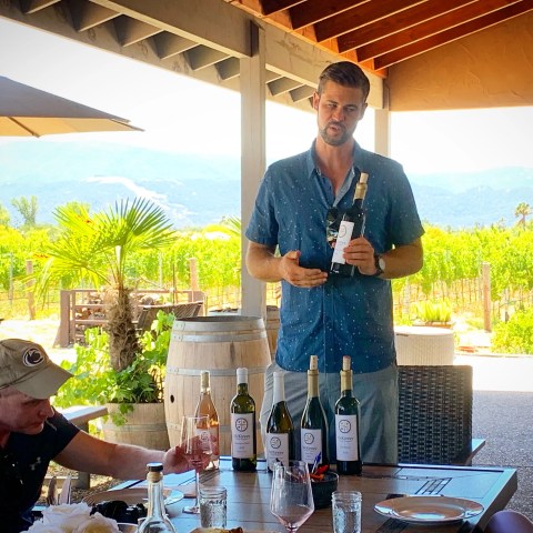 Person holding wine bottle in outdoor vineyard setting with table and wine bottles.