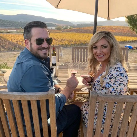 Couple sitting at a winery table, toasting with wine glasses, vineyards in background.