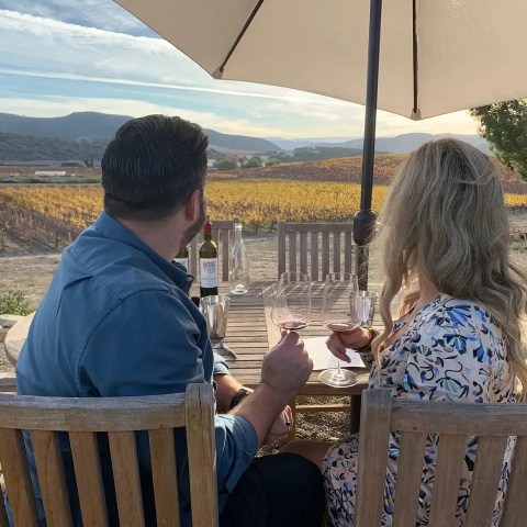 Couple sitting at wooden table with wine glasses, overlooking vineyard under umbrella.