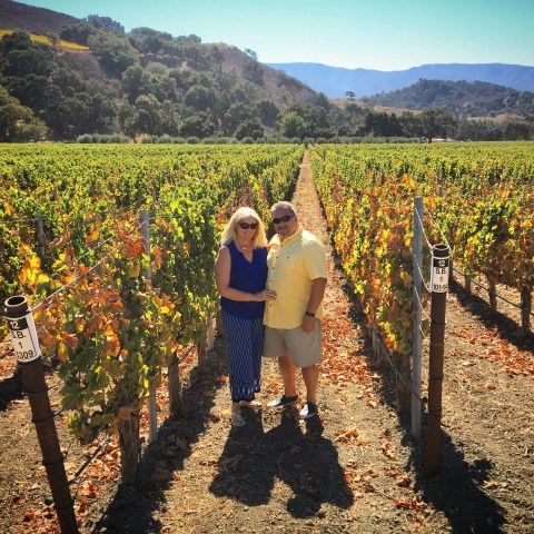 Couple standing in a vineyard with mountains in the background on a sunny day.