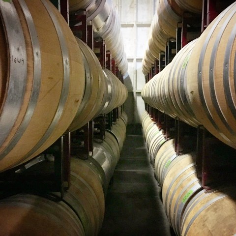 Rows of wooden barrels stacked in a dimly lit wine cellar.