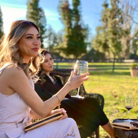 Two women sitting outdoors with wine glasses in a sunny garden setting.