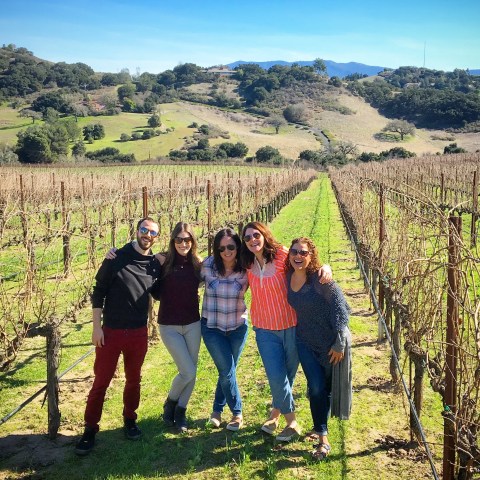 Five people standing in a vineyard with rolling hills and blue sky in the background.