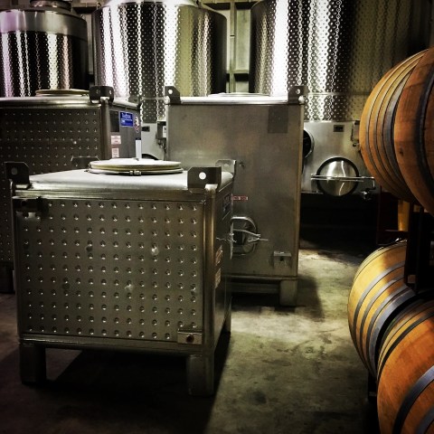 Metal wine tanks and wooden barrels in a winery storage room.