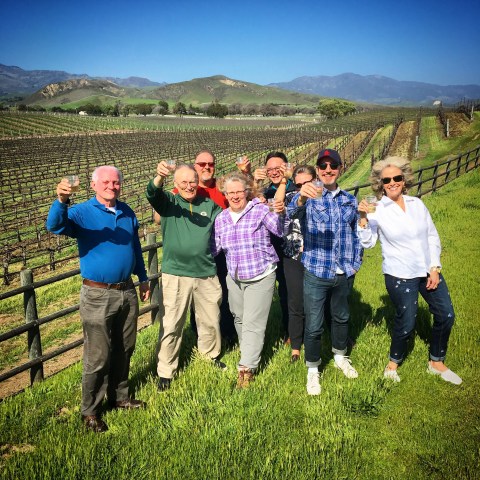 Group of seven people toasting with drinks in a vineyard on a sunny day.
