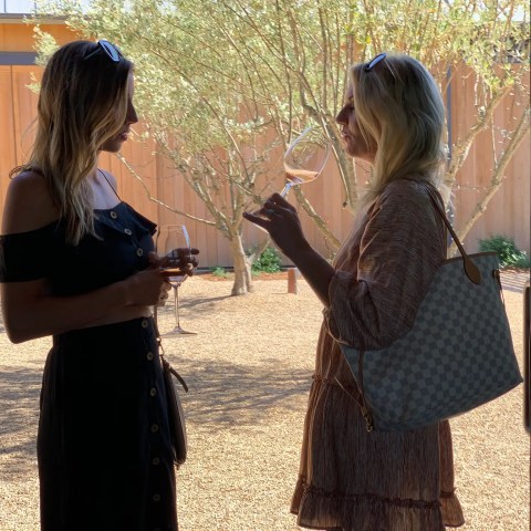 Two women indoors holding wine glasses, backlit by sunlight through glass doors.