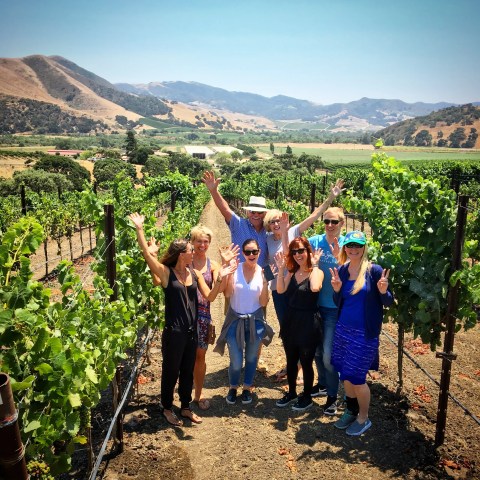 Group of people posing in a vineyard with mountains in the background under a clear sky.