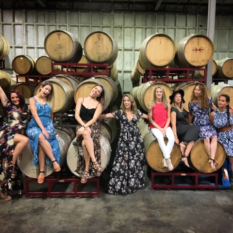 Seven women in dresses sitting on wine barrels in a cellar, smiling and posing.