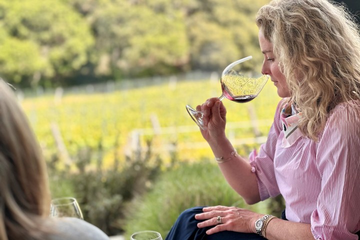 Woman in pink shirt smelling wine in glass, vineyard in background.