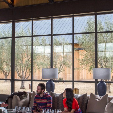 People sitting on a couch in a modern room with large windows and wine glasses on the table.