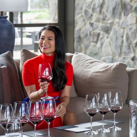Smiling woman in red dress holding a wine glass, seated at a table with multiple glasses of wine.