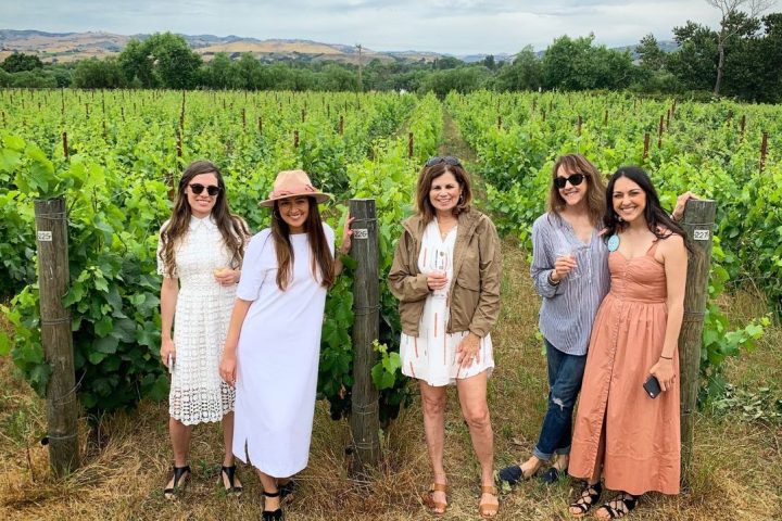 Five women posing in a vineyard with a scenic background.
