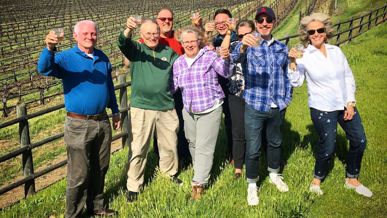 Group toasting with wine glasses during scenic vineyard tour outdoors.