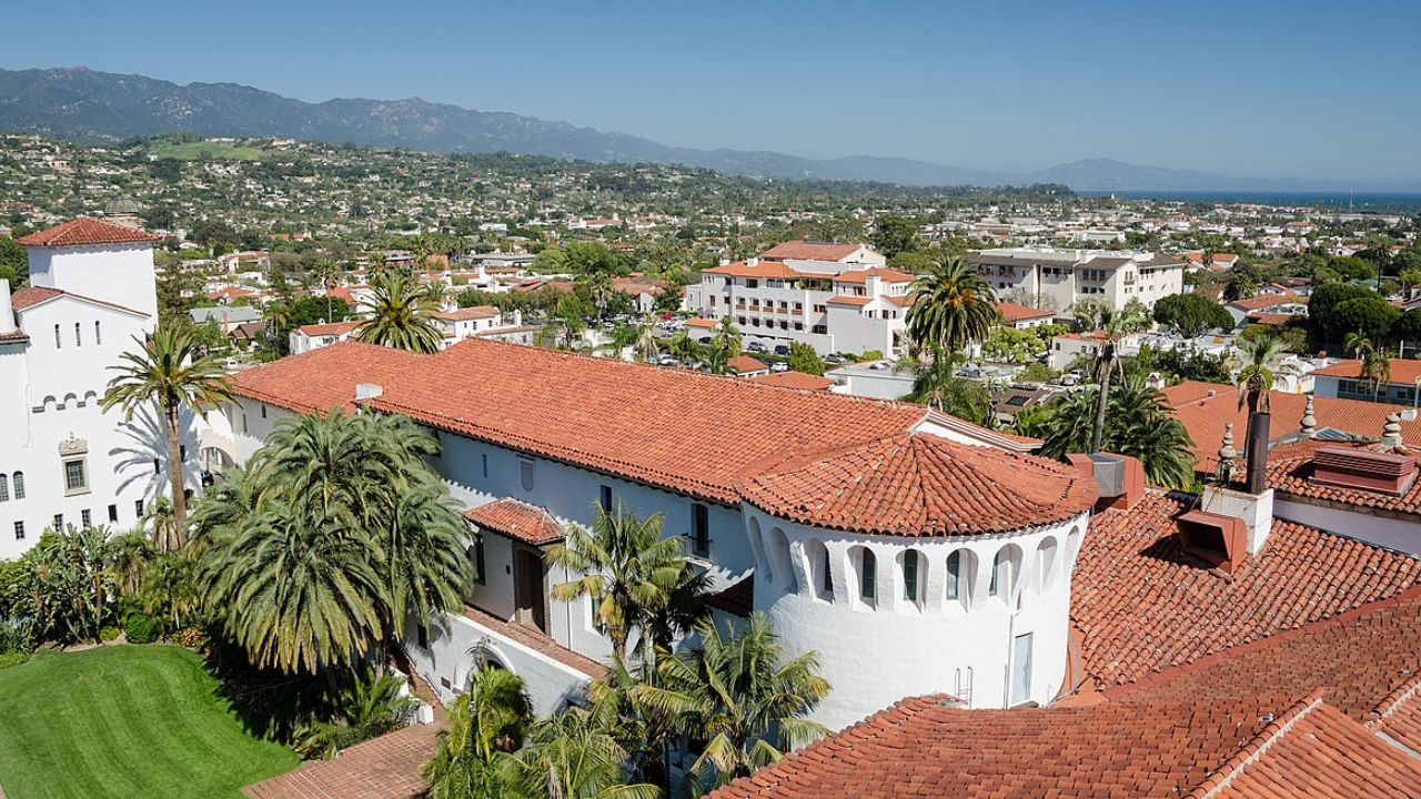 Santa Barbara aerial view with red rooftops and coastline