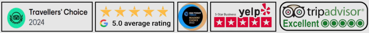 Sustainable Wine Tours 5.0 Rating: TripAdvisor, Google 5.0, USA Today, Yelp 5-star, TripAdvisor Excellent.