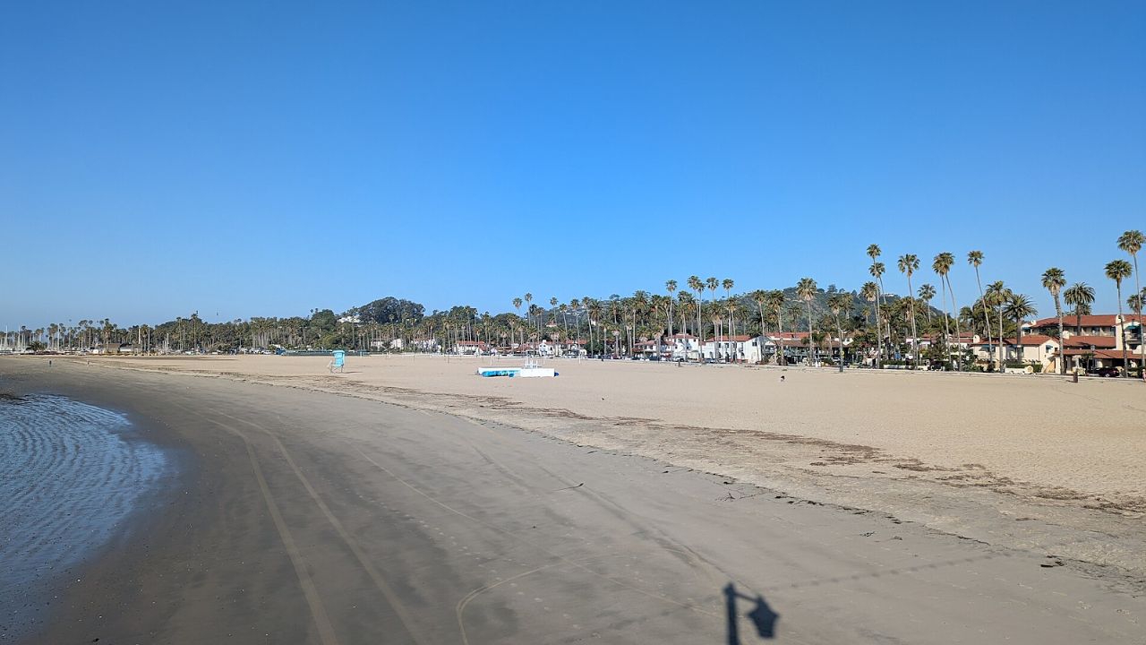 West Beach Santa Barbara with palms and shoreline.