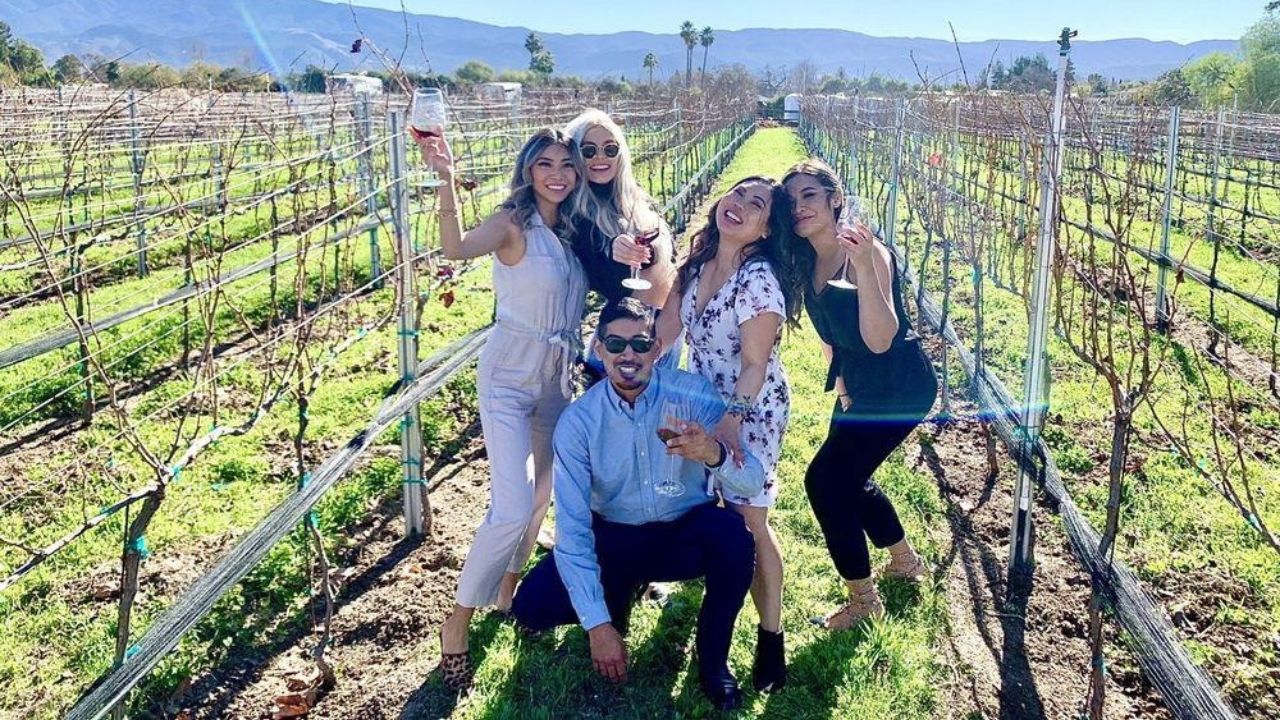 Group enjoying private summer wine tour in scenic vineyard.