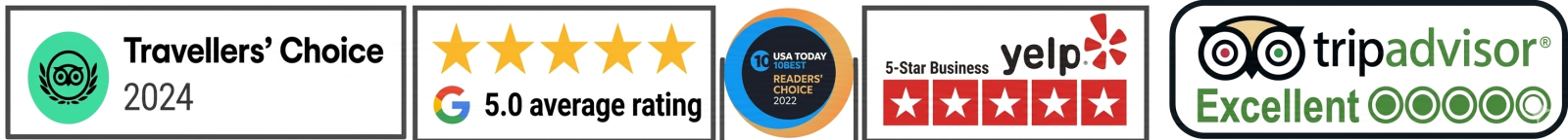 Four award badges for reviews with stars and logos from TripAdvisor, Google, Yelp, and an unknown source.