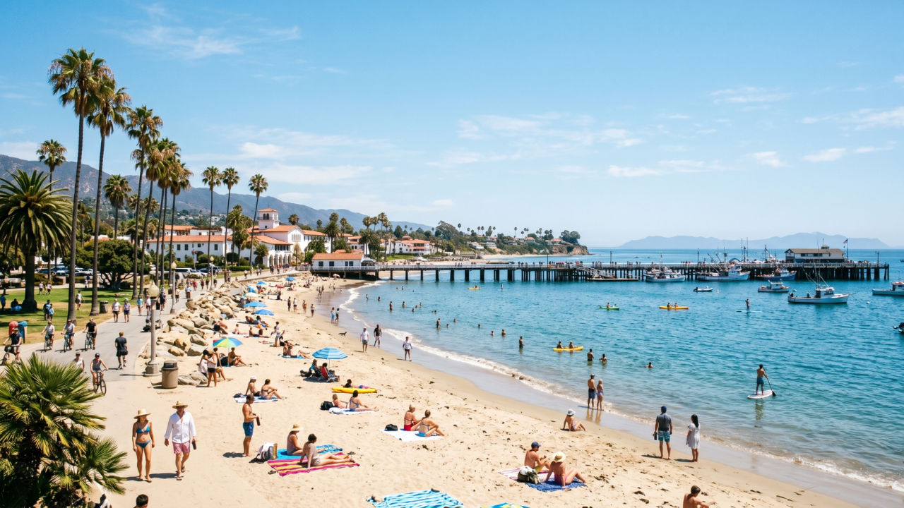 Sunny Santa Barbara beach with palm trees, mountains, and pier.