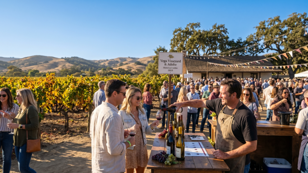 Winemaker pours wine at historic Vega Vineyard festival grounds.