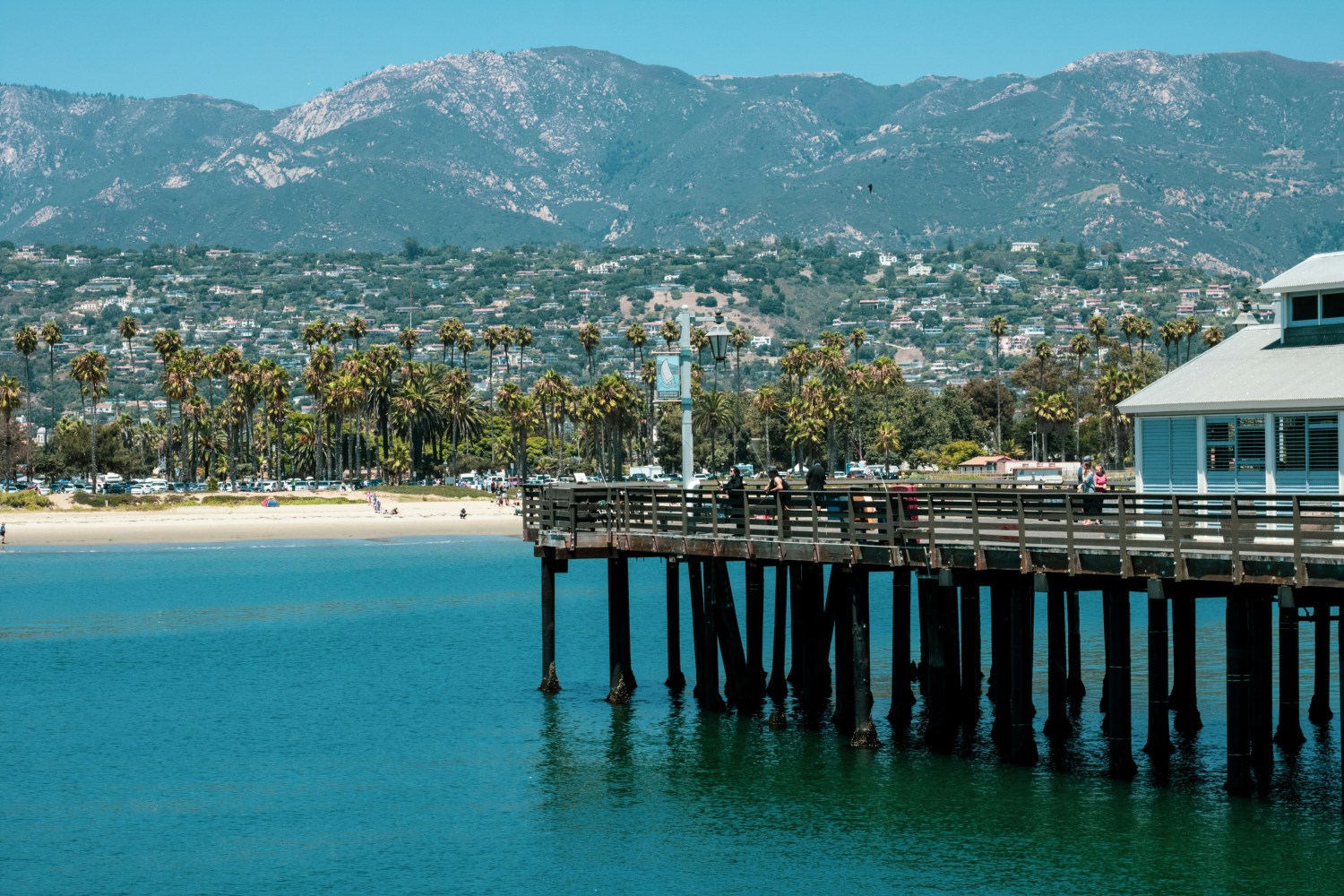 Santa Barbara pier with palm-lined beach and mountain backdrop.