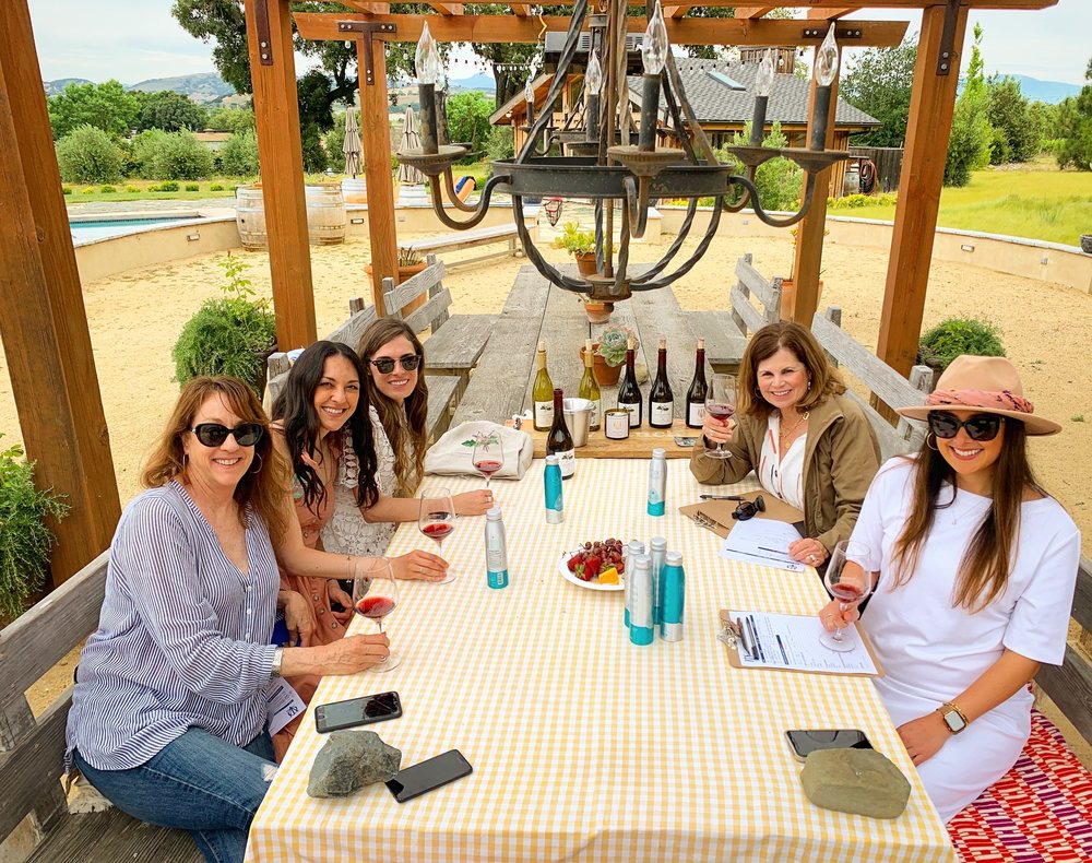 Friends tasting wine outdoors on scenic vineyard tour setting.