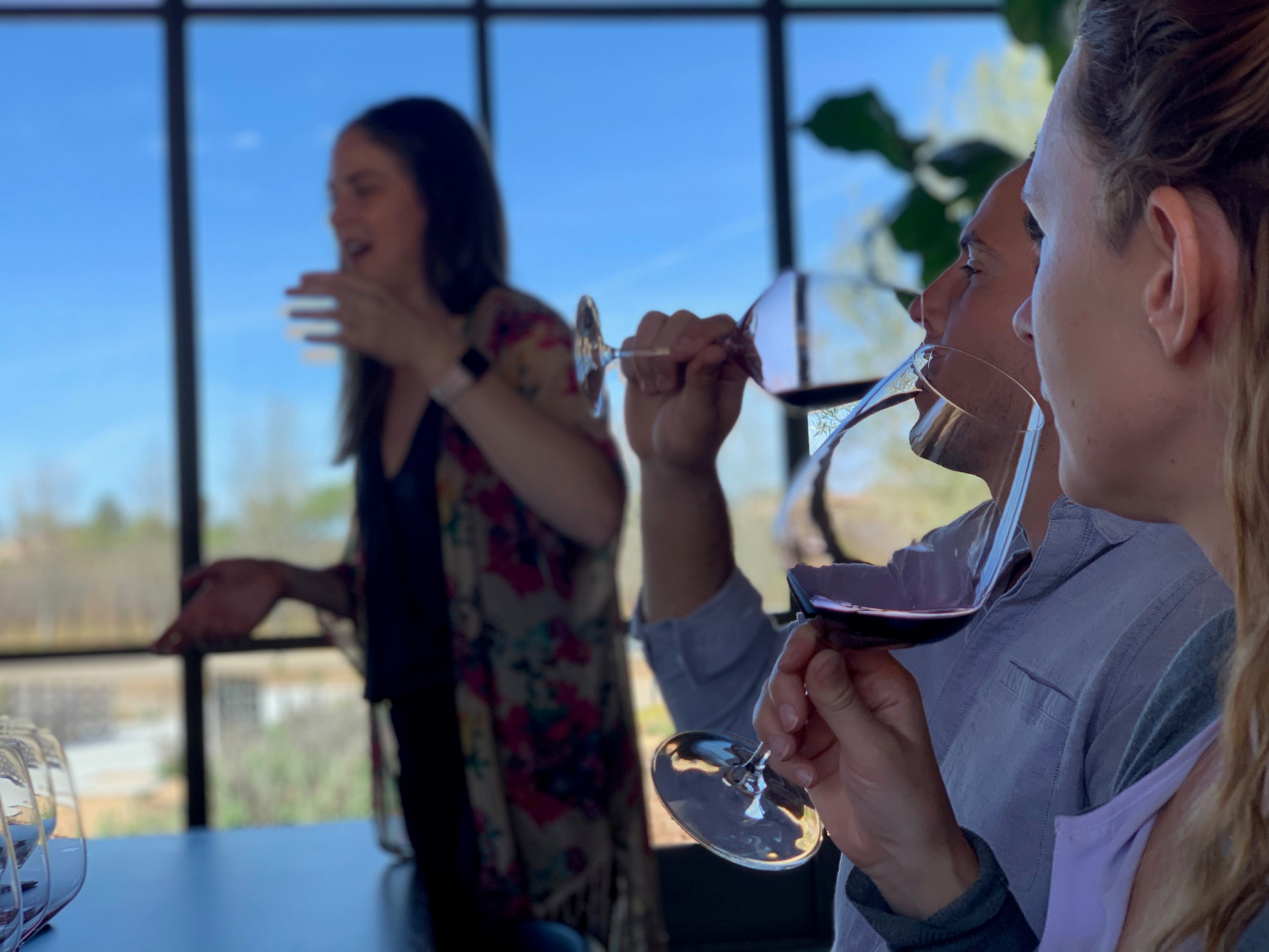 Guests tasting red wine indoors during vineyard tour experience.