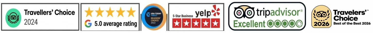 Badges for Tripadvisor, Google, Yelp, and Tripadvisor 2023 and 2024 and 2026 awards.